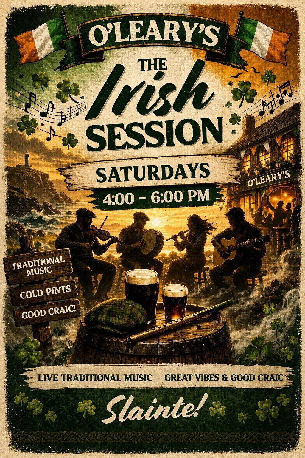 O'Leary's Irish Session poster — live traditional music every Saturday, 4–6 PM